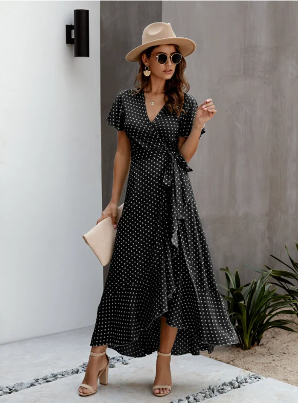 Female Polka Dot Sexy V-neck Ruffle Short-sleeved Beach Vacation Summer Dress