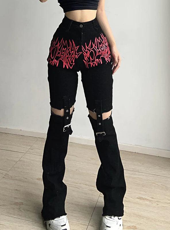 FLAME PRINT STITCHING METAL BUCKLE HIGH WAIST JEANS