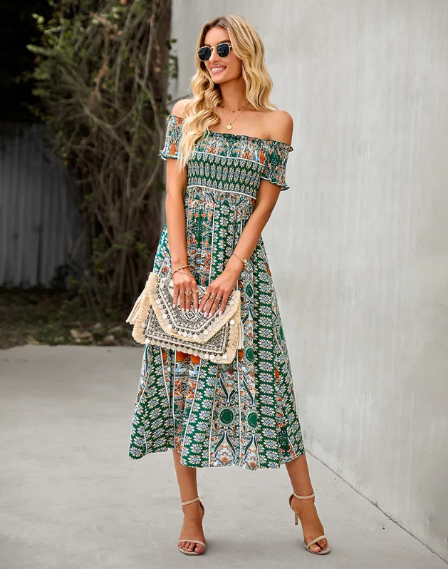 Floral Off Shoulder Puff Sleeve Maxi Dress Vintage Boho Holiday Slash Neck Waist Tight Split Dress