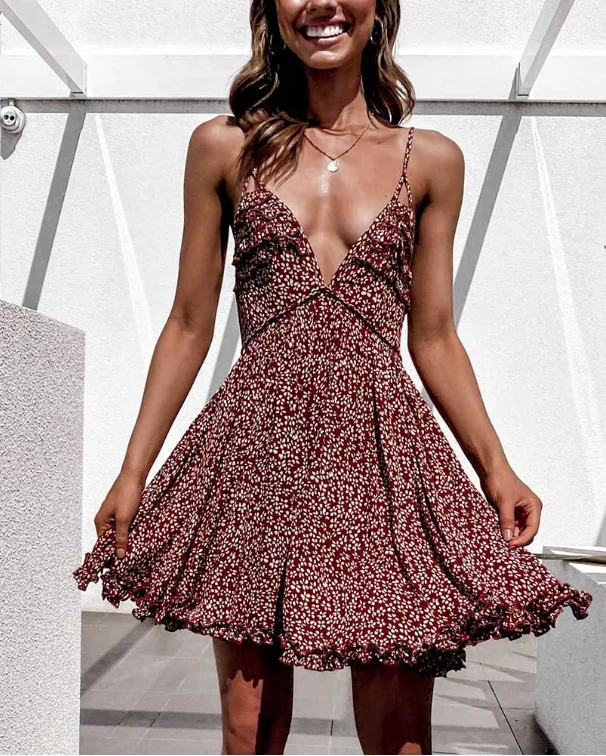 Floral Print Women Sleeveless High Waist Summer Ruffles Ladies V-neck Boho Beach Wear A-line Mini Dress