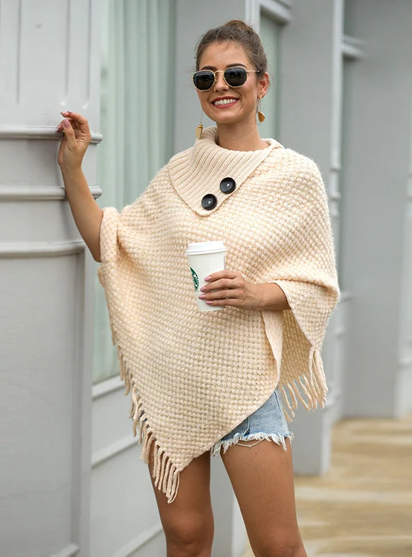 FRINGE BUTTON HALF COLLAR PULLOVER CAPE SHAWL