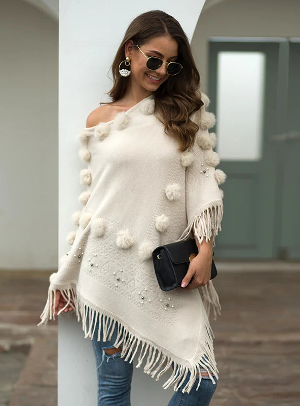 FRINGE FUR BALL BEADED ROUND NECK SWEATER CLOAK