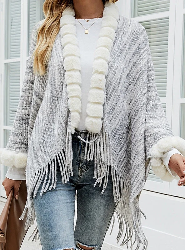 FRINGE SHAWL FUR COLLAR CARDIGAN COAT