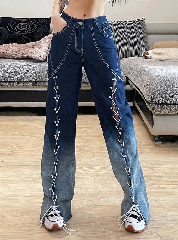 GRADIENT IRREGULAR SPLIT HIGH WAIST JEANS