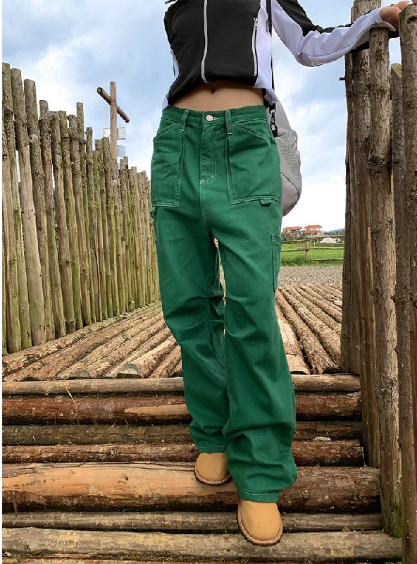 GREEN HIGH WAIST LOOSE ZIPPER POCKET JEANS