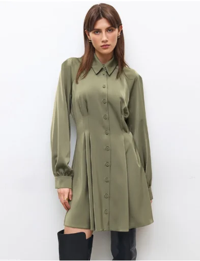 Green Office Long Sleeve Autumn Vintage Dresses Female Lapel Short Dress