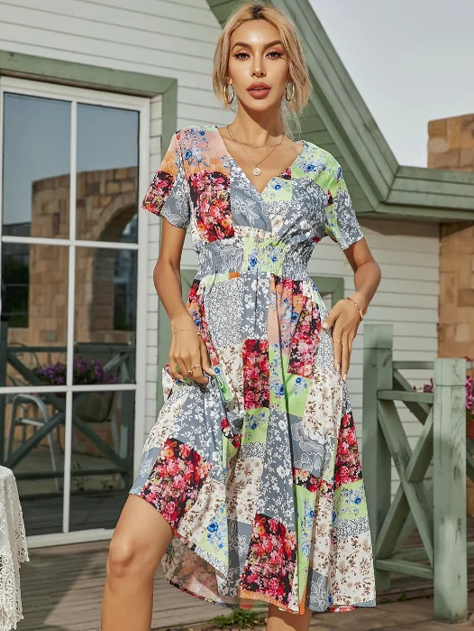 Green Retro Casual V-neck Short-sleeved A-line Beach Long Robe Dress