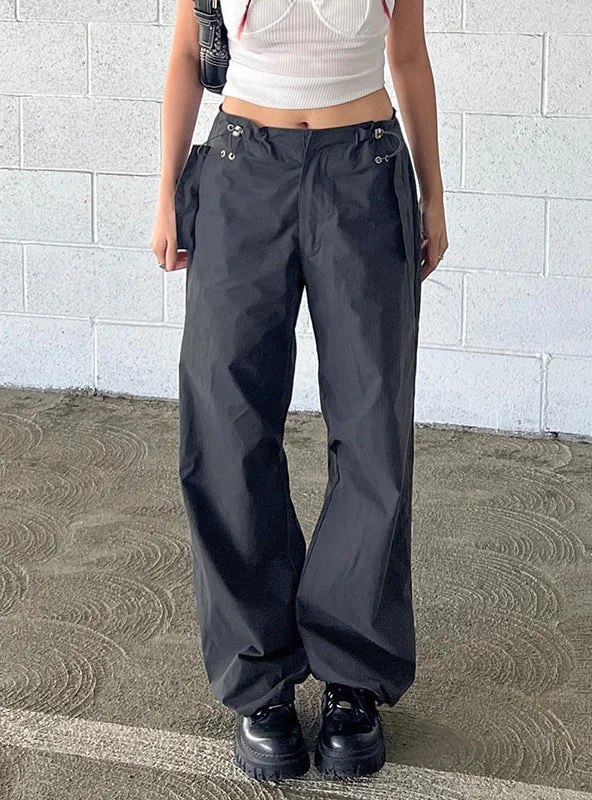 GREY DRAWSTRING-ADJUSTED TROUSERS HIGH WAIST PANT