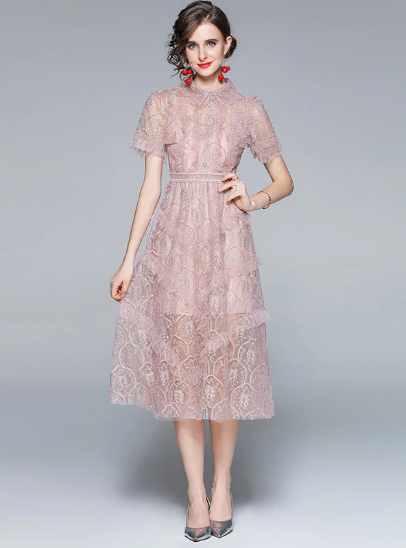 HEAVY EMBROIDERY LACE LAPEL FAUZE DRESS