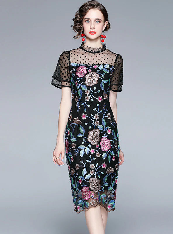 HEAVY EMBROIDERY MESH STITCHING SLIM DRESS