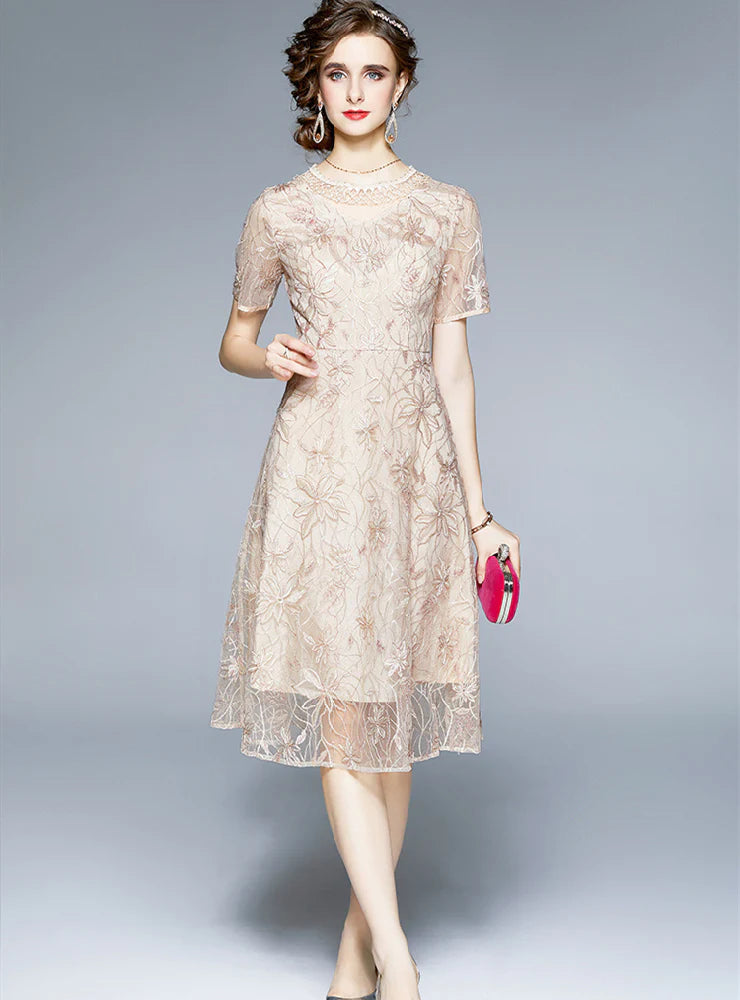 HEAVY MESH EMBROIDERED LACE DRESS