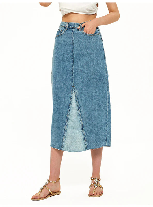 HIGH WAIST COLOR MATCHING DENIM SKIRT