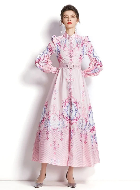 HOLIDAY COLLAR LANTERN SLEEVE PRINT DRESS