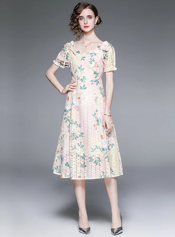 HOLLOW LACE EMBROIDERED WAIST PRINT DRESS