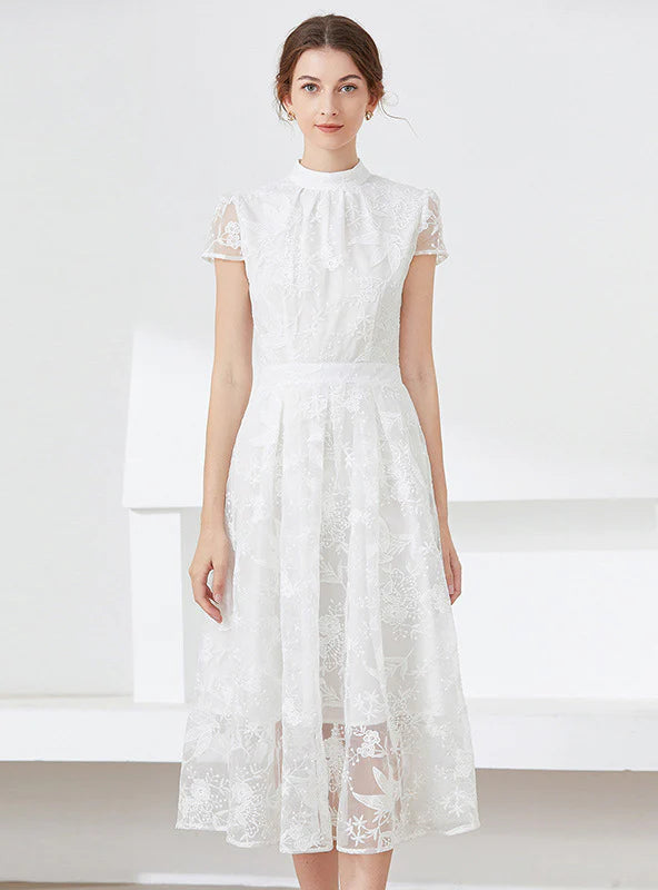 LACE EMBROIDERED SHORT SLEEVE HIGH NECK DRESS