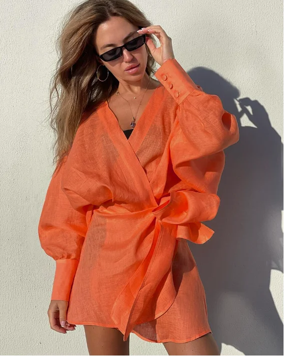 Lace-Up Bow Orange Linen Dress Summer Lantern Sleeve Irregular Tunic Dresses