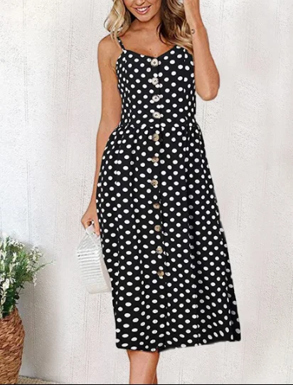 Ladies Casual Beach Dress Midi Button Backless Polka Dot Striped Women Dress