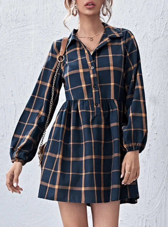 Ladies Navy V Neck Plaid Prints Buttons Casual Sweet Dress