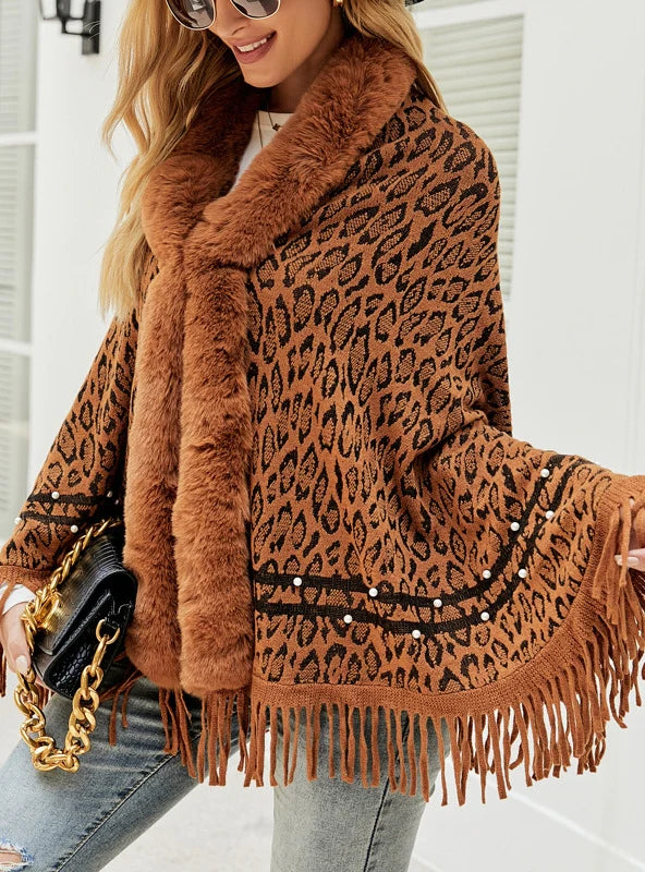 LEOPARD PRINT FUR COLLAR TASSEL WARM SCARF SHAWL