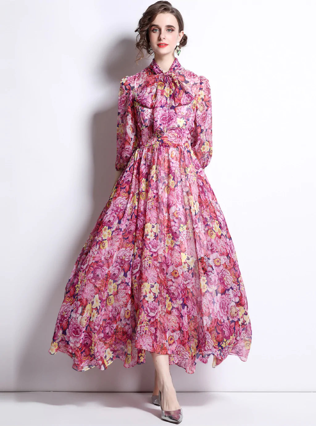 LONG SLEEVE CHIFFON PRINTED BOW TIE DRESS