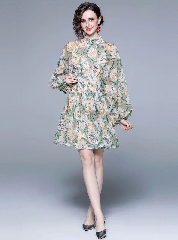 LONG SLEEVE PRINTED LANTERN DRESS