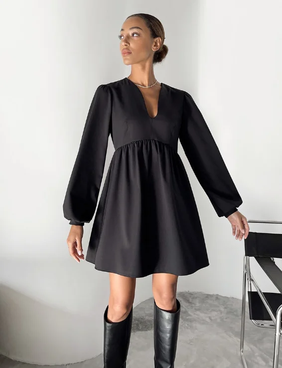 Long Sleeve Women Evening Elegant Autumn Mini Dress Sexy V-Neck Pleated Little Black Dress