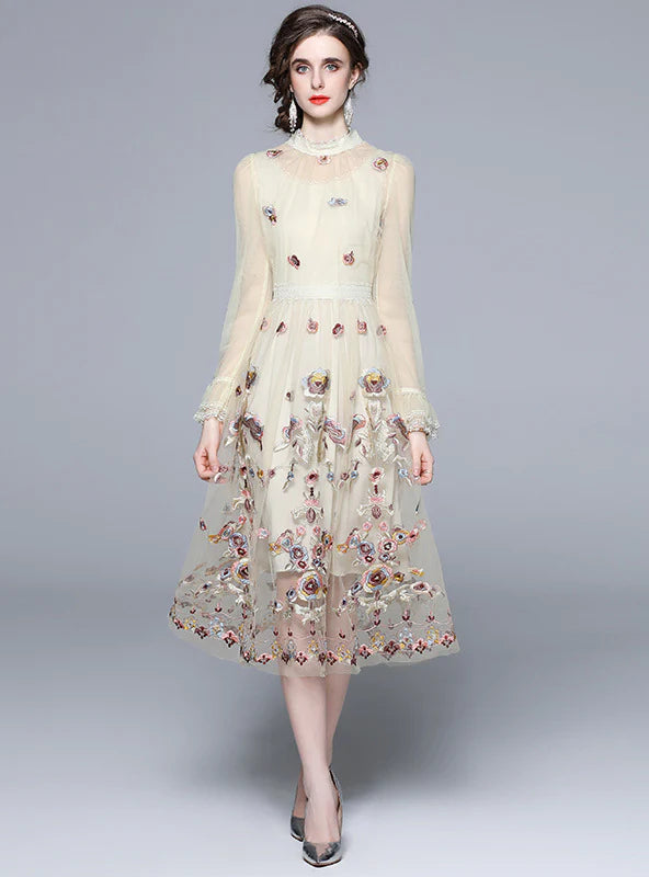 LONG-SLEEVED GAUZE EMBROIDERED DRESS