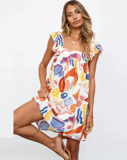 Loose Print Women Dress Summer New Female Strap Mini Dresses