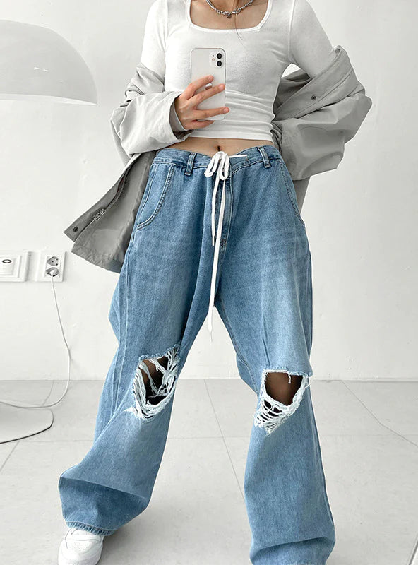 LOOSE STRAIGHT IRREGULAR HOLES JEANS