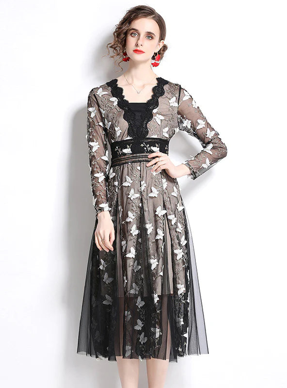 MESH BUTTERFLY LONG SLEEVE EMBROIDERED DRESS