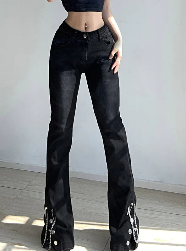 METAL CHAIN DECORATIVE BUTTON SPLIT PANTS