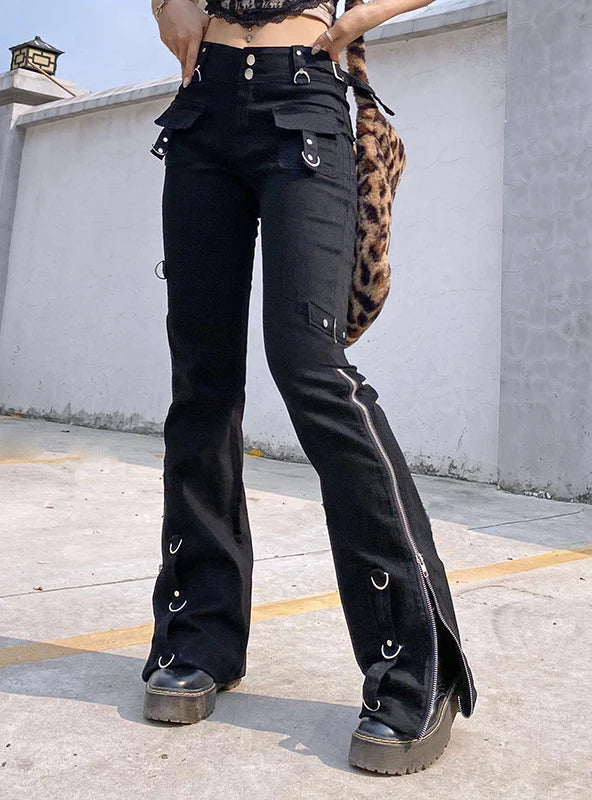 METAL ZIPPER DECORATED HIGH WAIST STREET PANTS