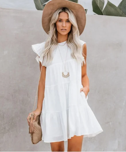 New Boho Style A-line Ruffles White Summer Dress Women Vacation Beach Sleeveless Elegant Mini Dress