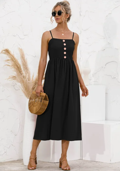 New Casual Sling Solid Backless Button Elegant Spaghetti Strips Sleeveless Long Dress