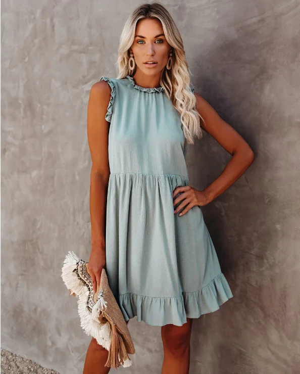 New Casual Solid O-neck High Waist Dress Women Ruffled A-line Lady Dress