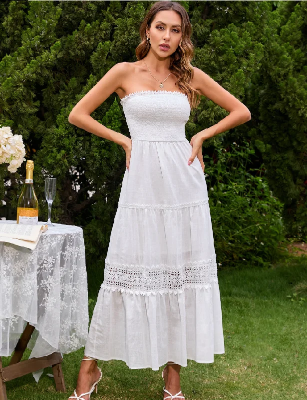 New Elegant Strapless Ruffle White Summer Dress Women Hollow Out Lace Cotton Maxi Dresses