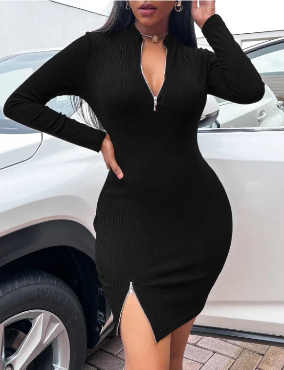 New Elegant Women Sexy V Neck Split Full Sleeve Solid Color Mini Dress