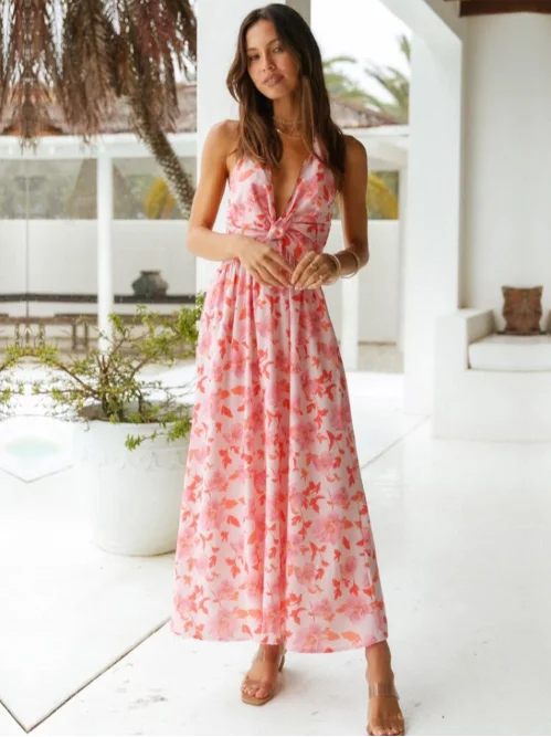 New Fashion Neck-mounted Dress Summer Women Floral Print V Neck Sexy Sleeveless Backless Long Dresses