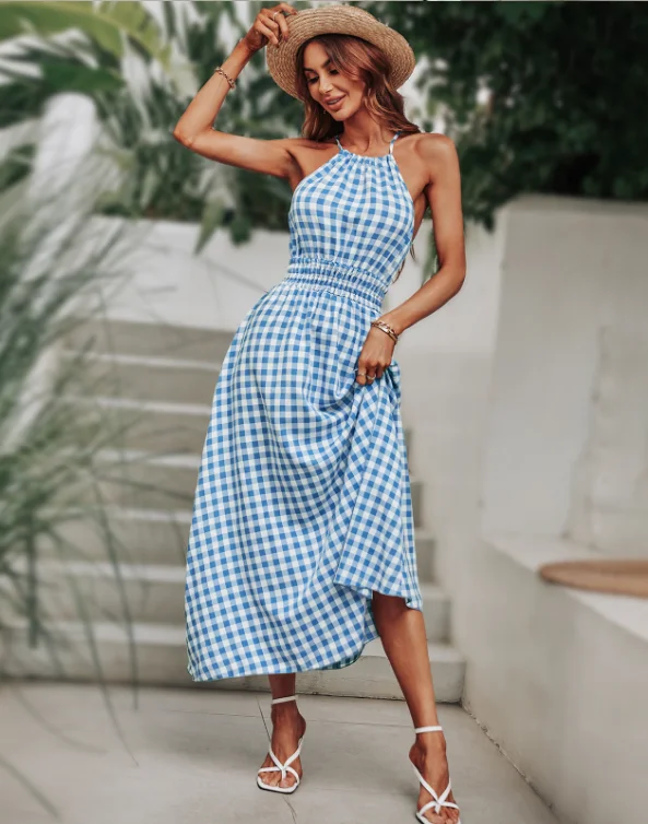 New Fashion Plaid Summer Dress Women Holiday Elastic Waist Beach Long Sundress