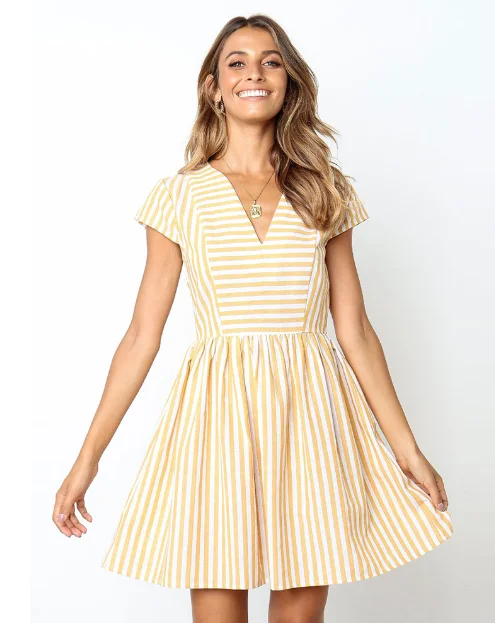 New Sexy V-neck Dress Women Summer Yellow Striped Print Short Sleeve Sundresses Mini Dress