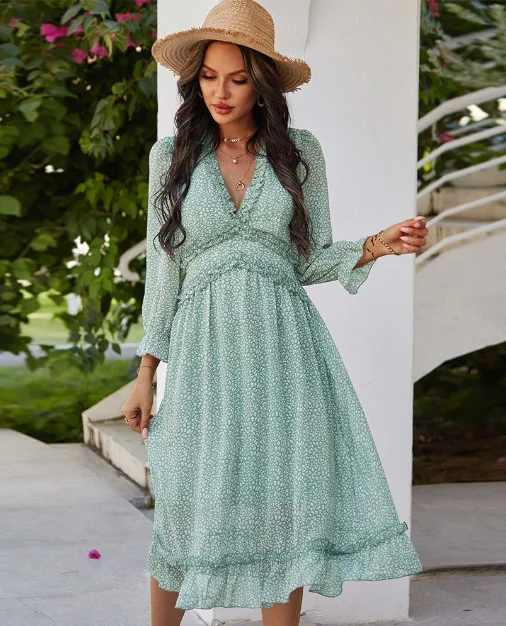 New Spring Sexy V Neck Print Dress Butterfly Sleeve High Waist Ruffles Chiffon Midi Dress