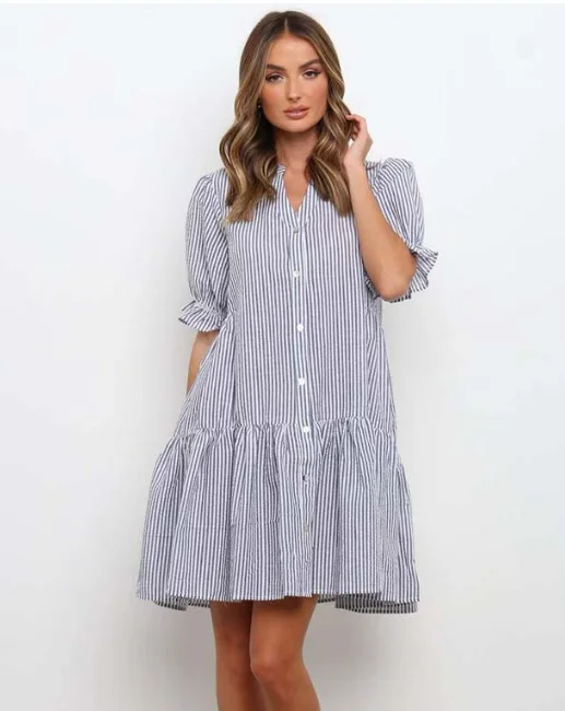 New Women Shirt Dress Striped Buttons Beach Dress Summer Ladies Casual Ruffles Mini Dress