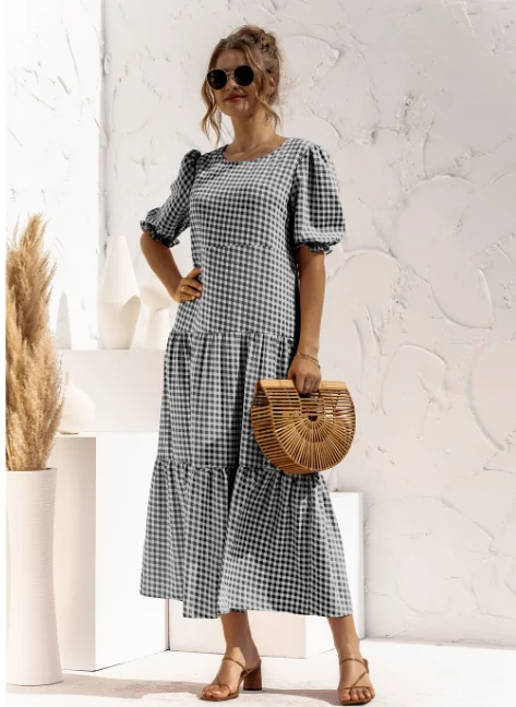 New Women Summer Long Dress Lady Elegant Casual Plaid Loose Party Maxi Dress