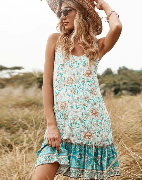 O-neck Print Spaghetti Strap Summer Women Dress Sleeveless Floral Ethnic Dresses