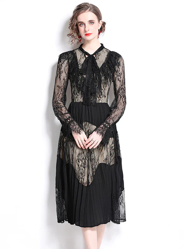 PERSPECTIVE LONG SLEEVE LACE STITCHING PLEATED DRESS