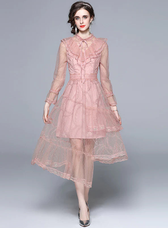 PINK LACEEMBROIDERED IRREGULAR GAUZE DRESS