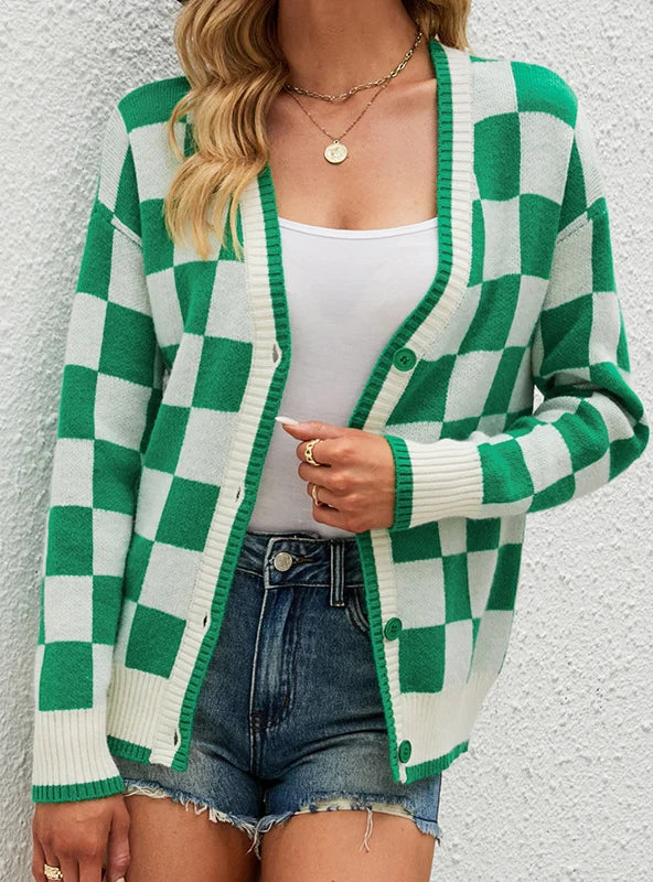 PLAID COLOR MATCHING CARDIGAN SWEATER