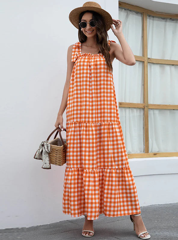 PLAID LACE-UP PRINT LONG DRESS