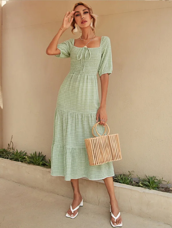 Plaid Square Collar Female High Waist Midi Dresses For Women Summer Bow Half Sleeve Long Dress