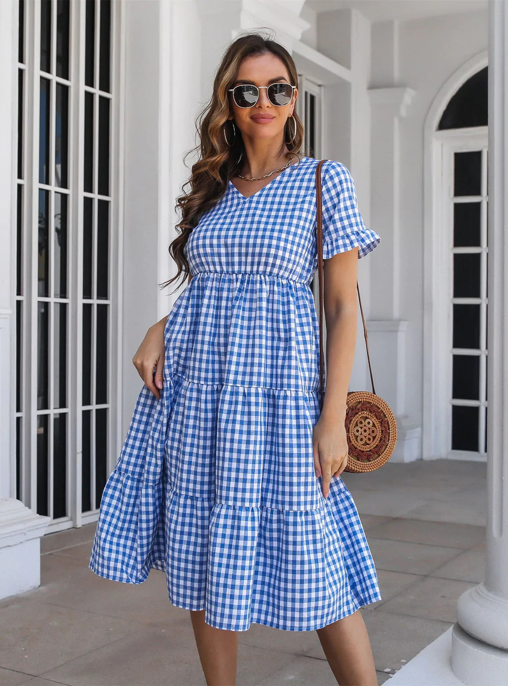 PLAID V-NECK SHORT SLEEVE DRESS